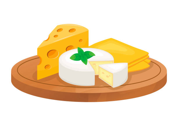 Cartoonish drawing of a circular wooden cheese board with a wedge of cheddar cheese, a pile of slices of American cheese, and a wheel of brie with a wedge taken out with leaves of basil on top